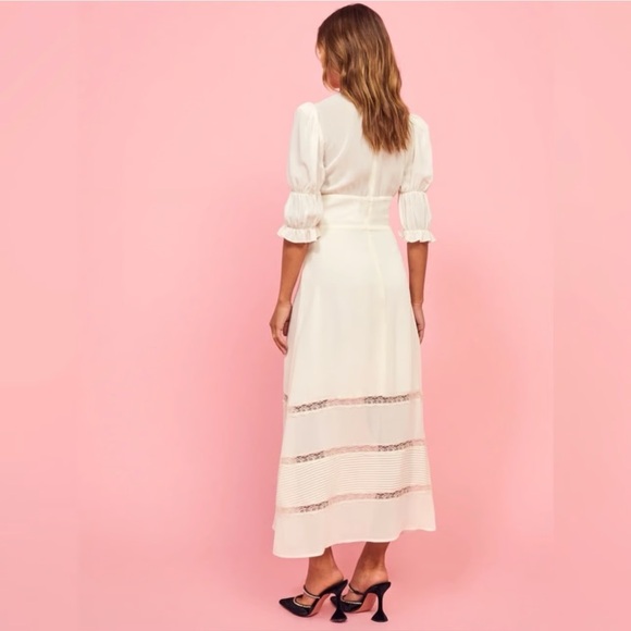 NEW NWT Reformation Ginny Lace Trim Georgette Midi Dress Ivory V-Neck - Picture 3 of 10
